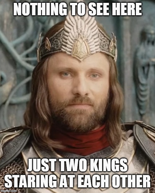 Here's Looking At You, King. | NOTHING TO SEE HERE; JUST TWO KINGS STARING AT EACH OTHER | image tagged in memes,kings,aragorn,lotr,inspirational memes,here's to you | made w/ Imgflip meme maker
