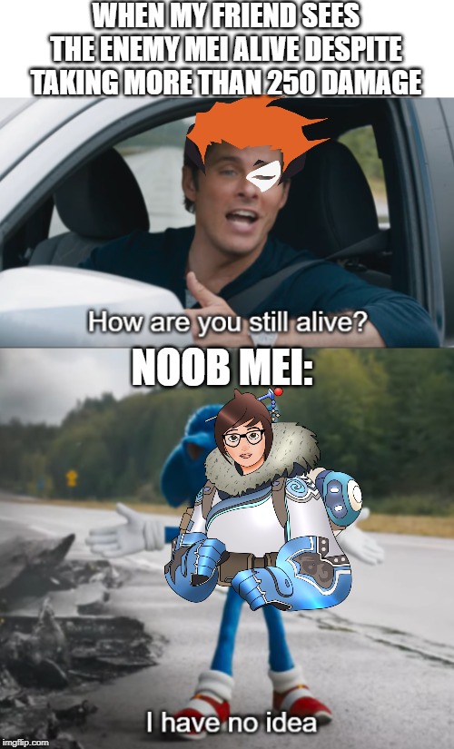 I hate mei | WHEN MY FRIEND SEES THE ENEMY MEI ALIVE DESPITE TAKING MORE THAN 250 DAMAGE; NOOB MEI: | image tagged in sonic  how are you still alive,overwatch,funny memes,overwatch memes,gaming | made w/ Imgflip meme maker
