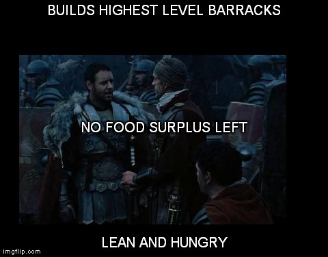 BUILDS HIGHEST LEVEL BARRACKS LEAN AND HUNGRY NO FOOD SURPLUS LEFT | made w/ Imgflip meme maker