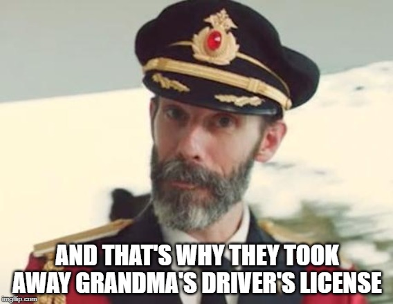 Captain Obvious | AND THAT'S WHY THEY TOOK AWAY GRANDMA'S DRIVER'S LICENSE | image tagged in captain obvious | made w/ Imgflip meme maker