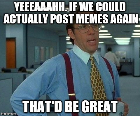 That Would Be Great Meme | YEEEAAAHH. IF WE COULD ACTUALLY POST MEMES AGAIN THAT'D BE GREAT | image tagged in memes,that would be great | made w/ Imgflip meme maker