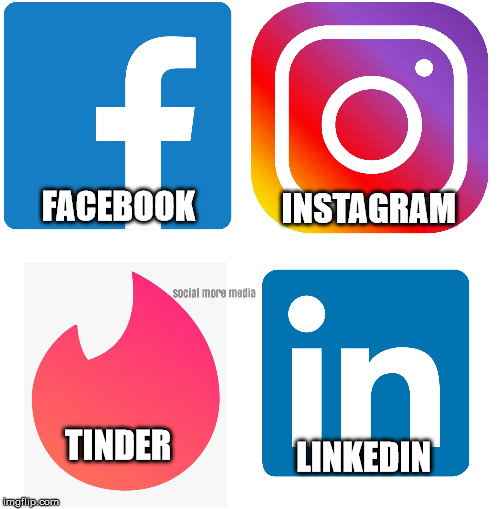 linkedin facebook instagram tinder | INSTAGRAM; FACEBOOK; TINDER; LINKEDIN | image tagged in linkedin,facebook,instagram,tinder,social media | made w/ Imgflip meme maker