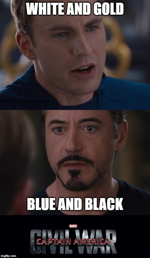 Marvel Civil War | WHITE AND GOLD; BLUE AND BLACK | image tagged in memes,marvel civil war | made w/ Imgflip meme maker