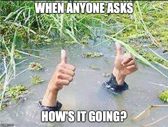 WHEN ANYONE ASKS; HOW'S IT GOING? | image tagged in thumbs up,drowning thumbs up | made w/ Imgflip meme maker