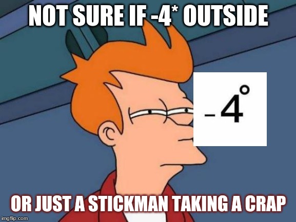 Futurama Fry | NOT SURE IF -4* OUTSIDE; OR JUST A STICKMAN TAKING A CRAP | image tagged in memes,futurama fry | made w/ Imgflip meme maker
