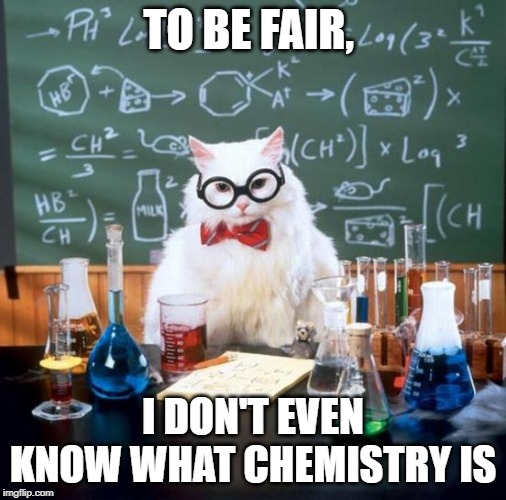 Chemistry Cat | TO BE FAIR, I DON'T EVEN KNOW WHAT CHEMISTRY IS | image tagged in memes,chemistry cat | made w/ Imgflip meme maker