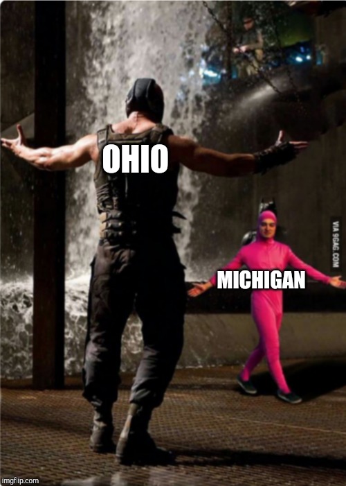 Anybody heard of the Toledo war? | OHIO; MICHIGAN | image tagged in pink guy fights bane | made w/ Imgflip meme maker