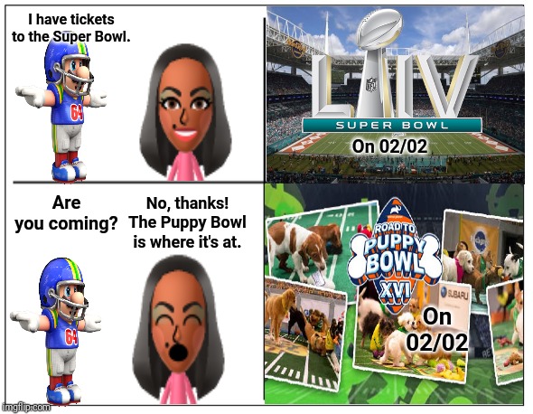 The Super Bowl and the Puppy Bowl | I have tickets to the Super Bowl. On 02/02; Are you coming? No, thanks! The Puppy Bowl is where it's at. On 02/02 | image tagged in 4 square grid,memes,meme,super bowl,football,nfl football | made w/ Imgflip meme maker