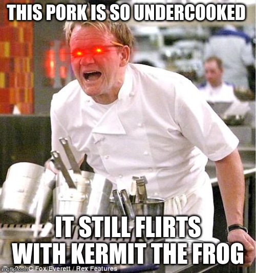 Chef Gordon Ramsay | THIS PORK IS SO UNDERCOOKED; IT STILL FLIRTS WITH KERMIT THE FROG | image tagged in memes,chef gordon ramsay | made w/ Imgflip meme maker