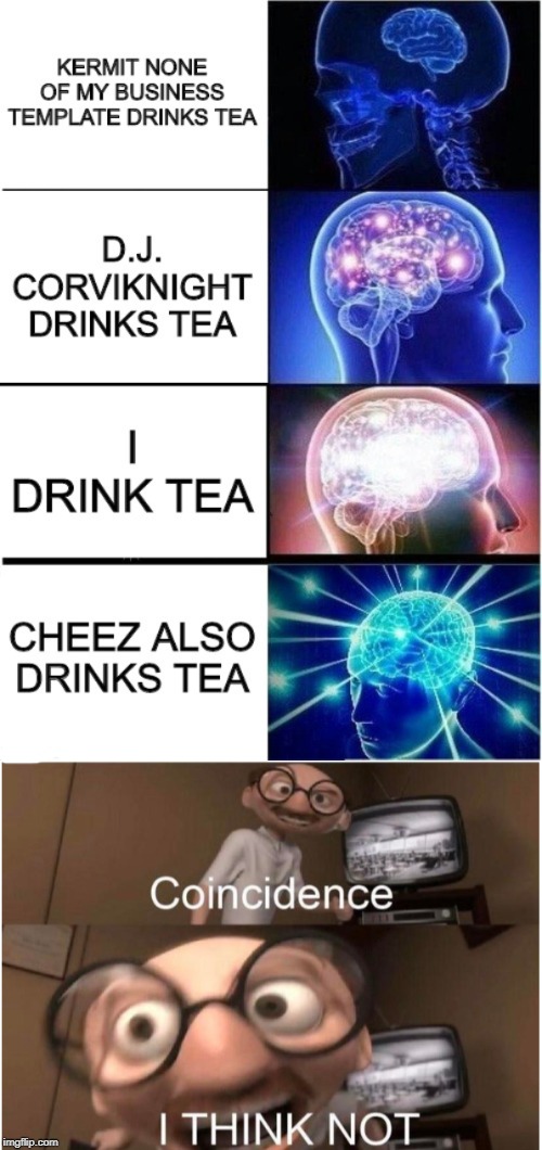 My brain after realizing this... Geez. | image tagged in coincidence i think not,i can has cheezburger cat,tea,drinking | made w/ Imgflip meme maker