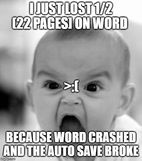 Angry Baby | I JUST LOST 1/2 (22 PAGES] ON WORD; >:(; BECAUSE WORD CRASHED AND THE AUTO SAVE BROKE | image tagged in memes,angry baby | made w/ Imgflip meme maker
