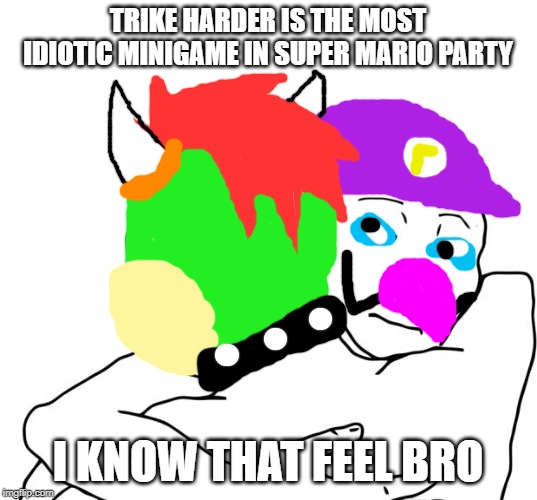 Trike Harder is very uncomfortable | TRIKE HARDER IS THE MOST IDIOTIC MINIGAME IN SUPER MARIO PARTY; I KNOW THAT FEEL BRO | image tagged in memes,i know that feel bro,mario party,waluigi,bowser | made w/ Imgflip meme maker