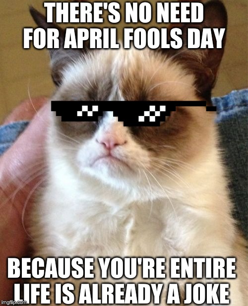Grumpy Cat | THERE'S NO NEED FOR APRIL FOOLS DAY; BECAUSE YOU'RE ENTIRE LIFE IS ALREADY A JOKE | image tagged in memes,grumpy cat | made w/ Imgflip meme maker