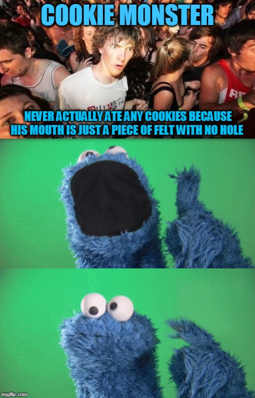 COOKIE MONSTER; NEVER ACTUALLY ATE ANY COOKIES BECAUSE HIS MOUTH IS JUST A PIECE OF FELT WITH NO HOLE | image tagged in cookie monster wait what,memes,cookie monster,cookies,muppets,sesame street | made w/ Imgflip meme maker