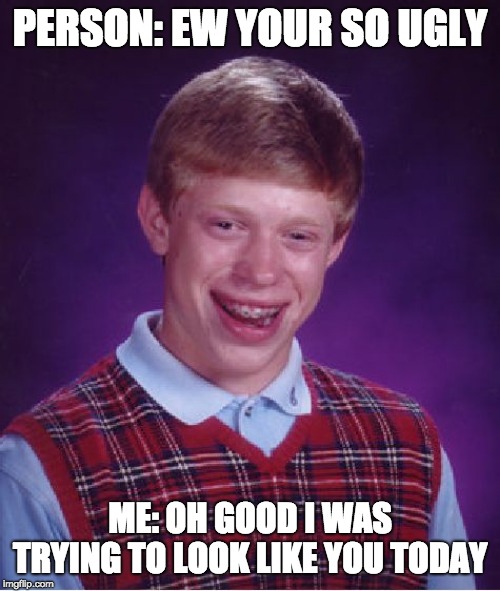 Bad Luck Brian | PERSON: EW YOUR SO UGLY; ME: OH GOOD I WAS TRYING TO LOOK LIKE YOU TODAY | image tagged in memes,bad luck brian | made w/ Imgflip meme maker