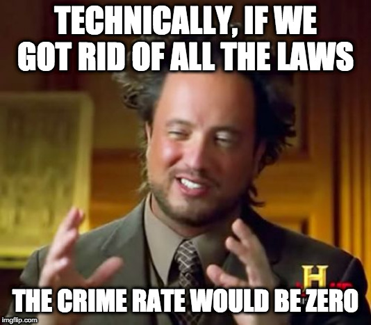 Ancient Aliens | TECHNICALLY, IF WE GOT RID OF ALL THE LAWS; THE CRIME RATE WOULD BE ZERO | image tagged in memes,ancient aliens | made w/ Imgflip meme maker