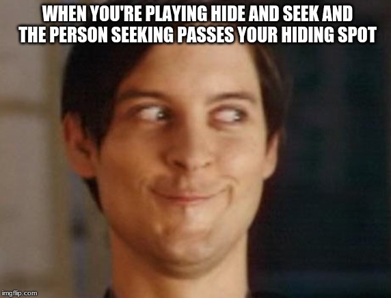 Spiderman Peter Parker | WHEN YOU'RE PLAYING HIDE AND SEEK AND THE PERSON SEEKING PASSES YOUR HIDING SPOT | image tagged in memes,spiderman peter parker | made w/ Imgflip meme maker
