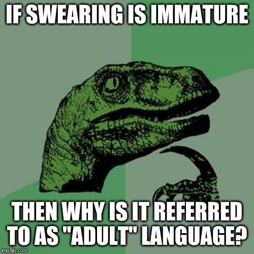 Omg i thought of this myself. | IF SWEARING IS IMMATURE; THEN WHY IS IT REFERRED TO AS "ADULT" LANGUAGE? | image tagged in memes,philosoraptor,funny,lmao,roflmao,logic | made w/ Imgflip meme maker