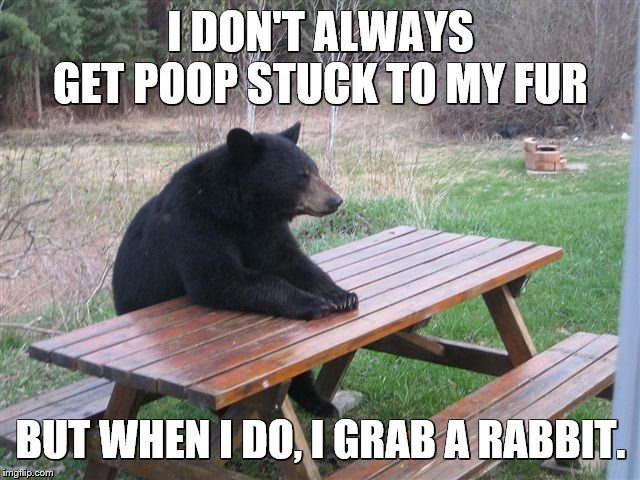 The Most Interesting Bear in the World | I DON'T ALWAYS GET POOP STUCK TO MY FUR; BUT WHEN I DO, I GRAB A RABBIT. | image tagged in bear table,bears,rabbits,toilet paper,the most interesting man in the world,eddie murphy | made w/ Imgflip meme maker