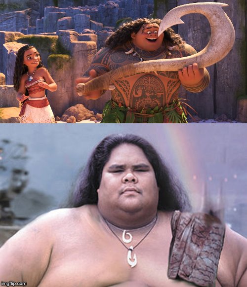 Do you think that when Disney made Moana, they in some way used Israel Kamakawiwoʻole as a template for Maui? Note the necklace | image tagged in maui,moana,israel kamakawiwoole,iz,fish hook | made w/ Imgflip meme maker
