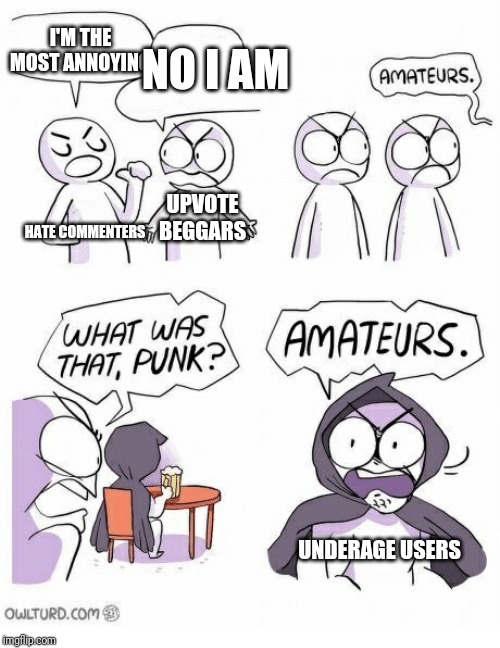 Amateurs | I'M THE MOST ANNOYING; NO I AM; UPVOTE BEGGARS; HATE COMMENTERS; UNDERAGE USERS | image tagged in amateurs | made w/ Imgflip meme maker