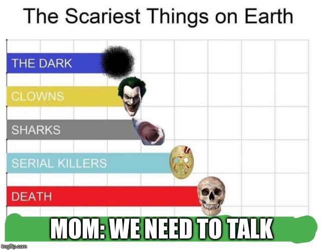 LOL | MOM: WE NEED TO TALK | image tagged in scariest things on earth,memes,funny,scary,mom,talk | made w/ Imgflip meme maker