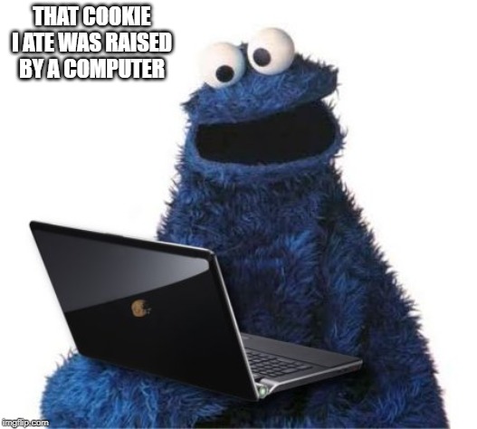 cookie monster computer | THAT COOKIE I ATE WAS RAISED BY A COMPUTER | image tagged in cookie monster computer | made w/ Imgflip meme maker