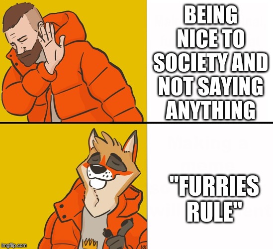 Furry Drake | BEING NICE TO SOCIETY AND NOT SAYING ANYTHING; "FURRIES RULE" | image tagged in furry drake | made w/ Imgflip meme maker