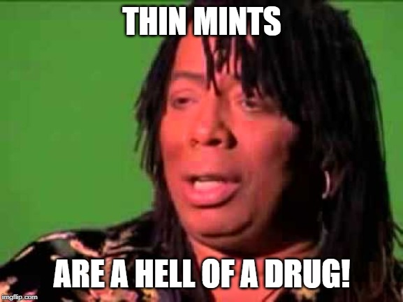 Rick James | THIN MINTS; ARE A HELL OF A DRUG! | image tagged in rick james | made w/ Imgflip meme maker