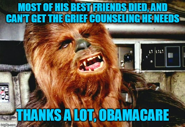 Didn't make this as a comment so... lol ¯\_( • ͜ʖ • )_/¯ | MOST OF HIS BEST FRIENDS DIED, AND CAN'T GET THE GRIEF COUNSELING HE NEEDS; THANKS A LOT, OBAMACARE | image tagged in memes,chewbacca,wookie,disney killed star wars | made w/ Imgflip meme maker