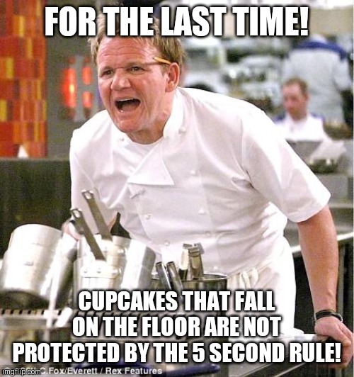 The 5 second rule.....amazing force field or terrible lie? | FOR THE LAST TIME! CUPCAKES THAT FALL ON THE FLOOR ARE NOT PROTECTED BY THE 5 SECOND RULE! | image tagged in memes,chef gordon ramsay,drop,cooking | made w/ Imgflip meme maker