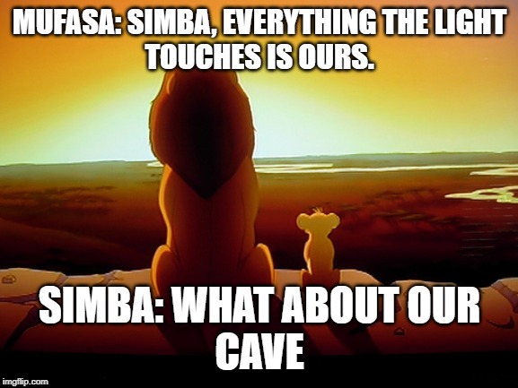 Lion King | MUFASA: SIMBA, EVERYTHING THE LIGHT
TOUCHES IS OURS. SIMBA: WHAT ABOUT OUR
CAVE | image tagged in memes,lion king | made w/ Imgflip meme maker
