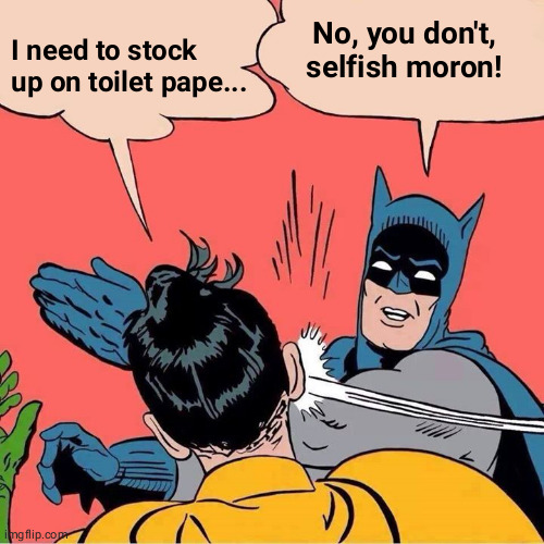 Batman slapping Robin | No, you don't, selfish moron! I need to stock up on toilet pape... | image tagged in batman slapping robin | made w/ Imgflip meme maker