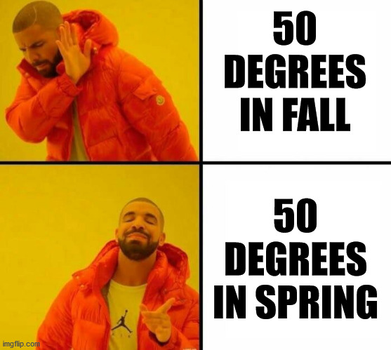 Feels cold in fall and so warm in spring | 50 DEGREES IN FALL; 50 DEGREES IN SPRING | image tagged in orange jacket,fall,spring | made w/ Imgflip meme maker