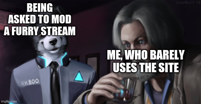 Furry Surprise | BEING ASKED TO MOD A FURRY STREAM; ME, WHO BARELY USES THE SITE | image tagged in furry surprise | made w/ Imgflip meme maker