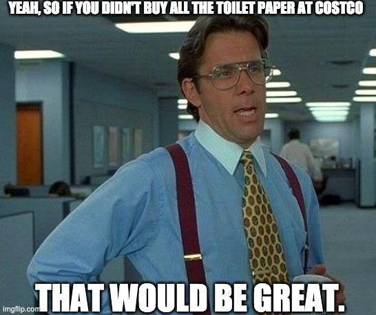 That Would Be Great | YEAH, SO IF YOU DIDN'T BUY ALL THE TOILET PAPER AT COSTCO; THAT WOULD BE GREAT. | image tagged in memes,that would be great | made w/ Imgflip meme maker