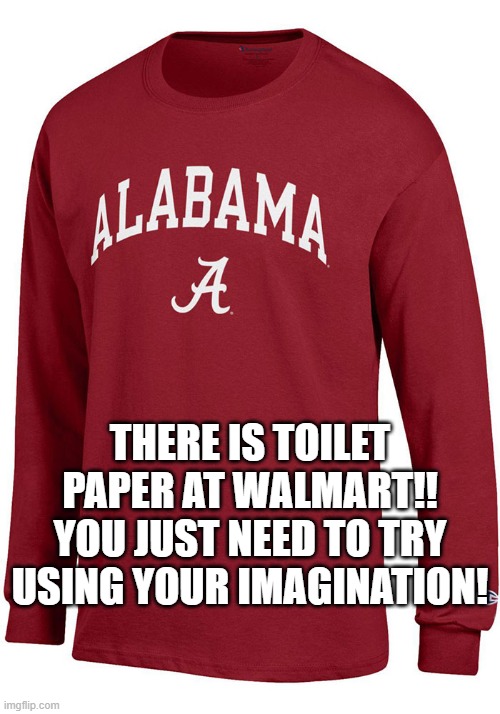 There Is Toilet Paper at Walmart!  Use Your Imagination!! | THERE IS TOILET PAPER AT WALMART!! YOU JUST NEED TO TRY USING YOUR IMAGINATION! | image tagged in coronavirus,democrats,roll tide | made w/ Imgflip meme maker