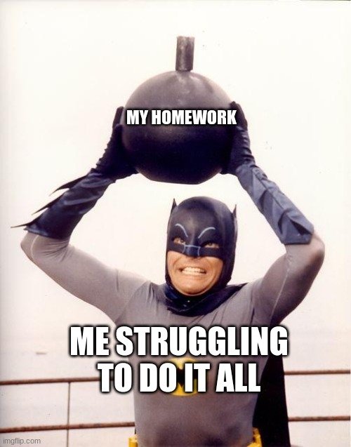 batman bomb | MY HOMEWORK; ME STRUGGLING TO DO IT ALL | image tagged in batman bomb | made w/ Imgflip meme maker