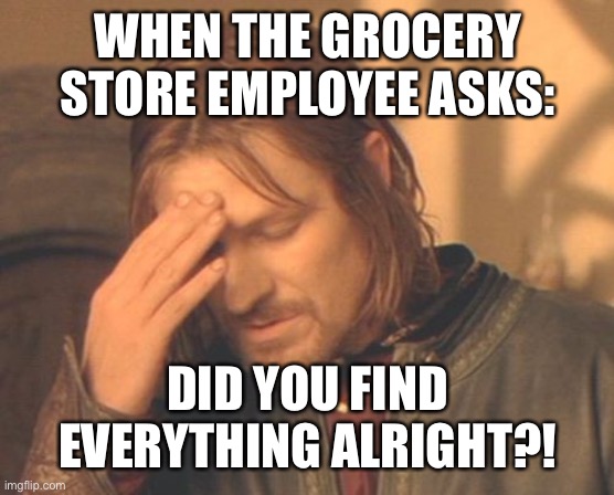 Frustrated Boromir Meme | WHEN THE GROCERY STORE EMPLOYEE ASKS:; DID YOU FIND EVERYTHING ALRIGHT?! | image tagged in memes,frustrated boromir | made w/ Imgflip meme maker