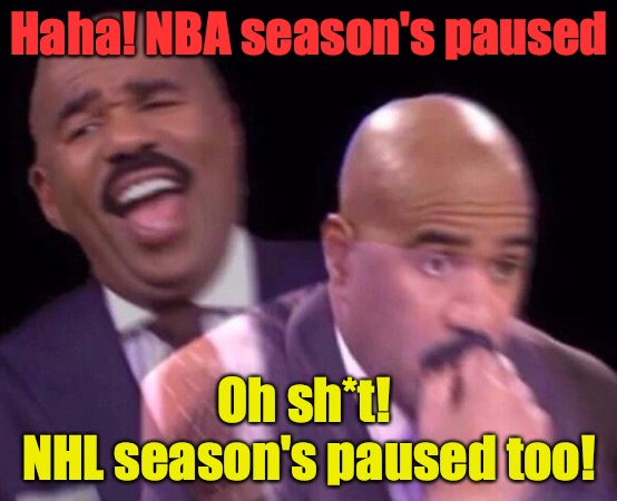 Steve Harvey Laughing Serious | Haha! NBA season's paused; Oh sh*t! 
NHL season's paused too! | image tagged in steve harvey laughing serious,nhl,nba,coronavirus,memes,sports | made w/ Imgflip meme maker