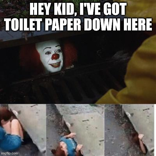 pennywise in sewer | HEY KID, I'VE GOT TOILET PAPER DOWN HERE | image tagged in pennywise in sewer | made w/ Imgflip meme maker