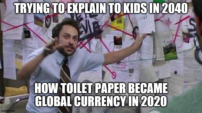 Joshua Rizk Crazy Guy | TRYING TO EXPLAIN TO KIDS IN 2040; HOW TOILET PAPER BECAME GLOBAL CURRENCY IN 2020 | image tagged in joshua rizk crazy guy | made w/ Imgflip meme maker
