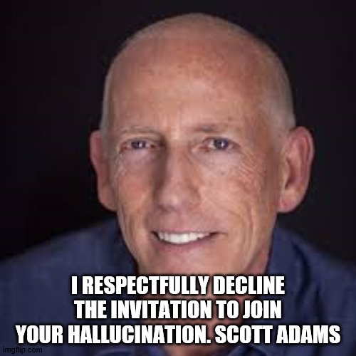 Scott Adams quote | I RESPECTFULLY DECLINE THE INVITATION TO JOIN YOUR HALLUCINATION. SCOTT ADAMS | image tagged in inspirational quote | made w/ Imgflip meme maker