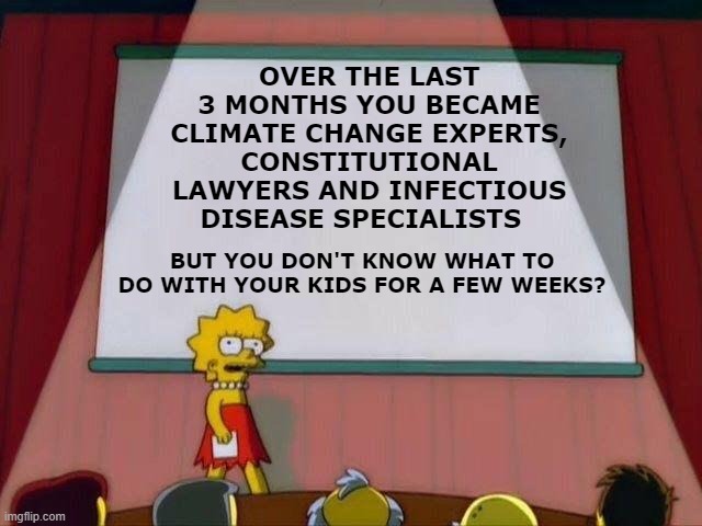 Lisa Simpson's Presentation | OVER THE LAST 3 MONTHS YOU BECAME CLIMATE CHANGE EXPERTS, CONSTITUTIONAL LAWYERS AND INFECTIOUS DISEASE SPECIALISTS; BUT YOU DON'T KNOW WHAT TO DO WITH YOUR KIDS FOR A FEW WEEKS? | image tagged in lisa simpson's presentation,ConservativeMemes | made w/ Imgflip meme maker