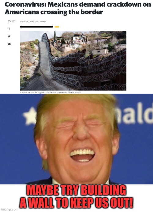 Imagine my shock. LOL | MAYBE TRY BUILDING A WALL TO KEEP US OUT! | image tagged in trump laughing,nixieknox,memes | made w/ Imgflip meme maker