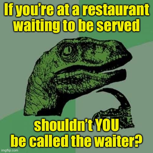 Philosoraptor Meme | If you’re at a restaurant waiting to be served; shouldn’t YOU be called the waiter? | image tagged in memes,philosoraptor | made w/ Imgflip meme maker
