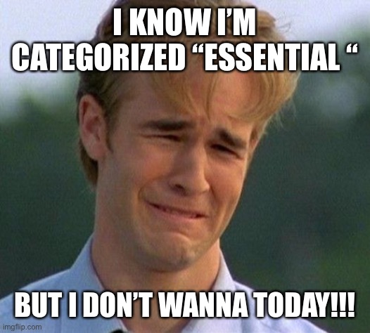 1990s First World Problems | I KNOW I’M CATEGORIZED “ESSENTIAL “; BUT I DON’T WANNA TODAY!!! | image tagged in memes,1990s first world problems | made w/ Imgflip meme maker