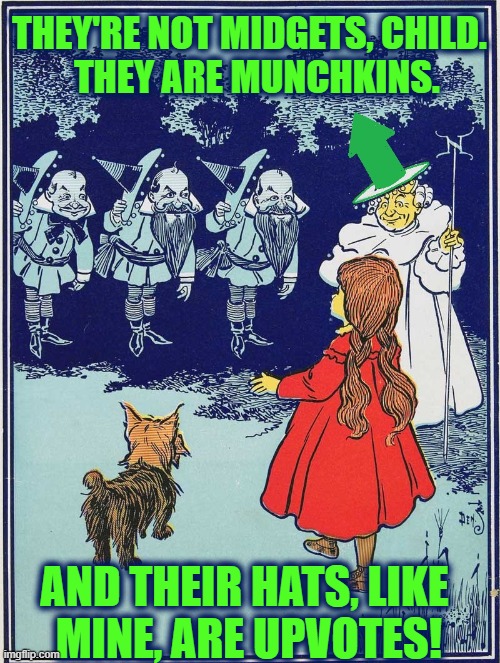 Toto, I don't think we're in Imgflip anymore | THEY'RE NOT MIDGETS, CHILD.         THEY ARE MUNCHKINS. AND THEIR HATS, LIKE    MINE, ARE UPVOTES! | image tagged in vince vance,munchkin,toto,wicked witch of the west,dorothy,the wizard of oz | made w/ Imgflip meme maker