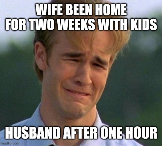 1990s First World Problems | WIFE BEEN HOME FOR TWO WEEKS WITH KIDS; HUSBAND AFTER ONE HOUR | image tagged in memes,1990s first world problems | made w/ Imgflip meme maker