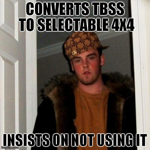 Scumbag Steve Meme | CONVERTS TBSS TO SELECTABLE 4X4 INSISTS ON NOT USING IT | image tagged in memes,scumbag steve | made w/ Imgflip meme maker